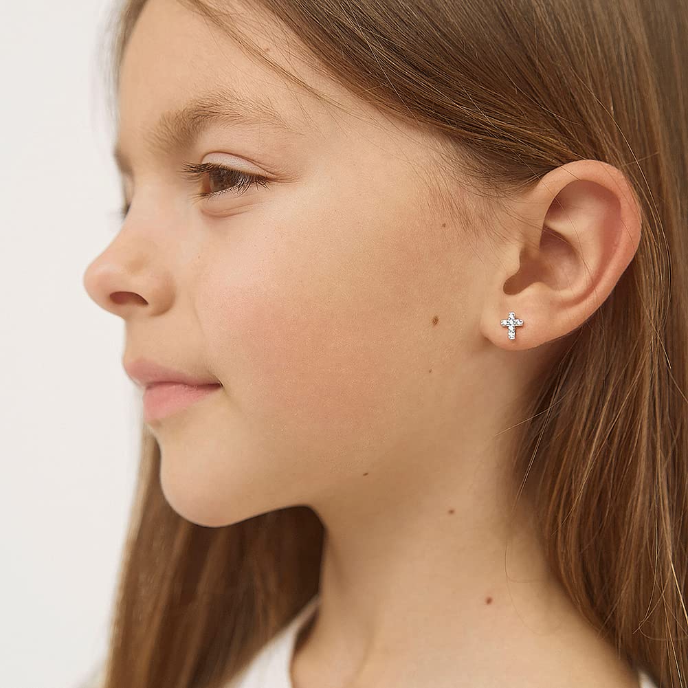 In Season Jewelry Sterling Silver Tiny CZ Cross Kids Earrings - Clear