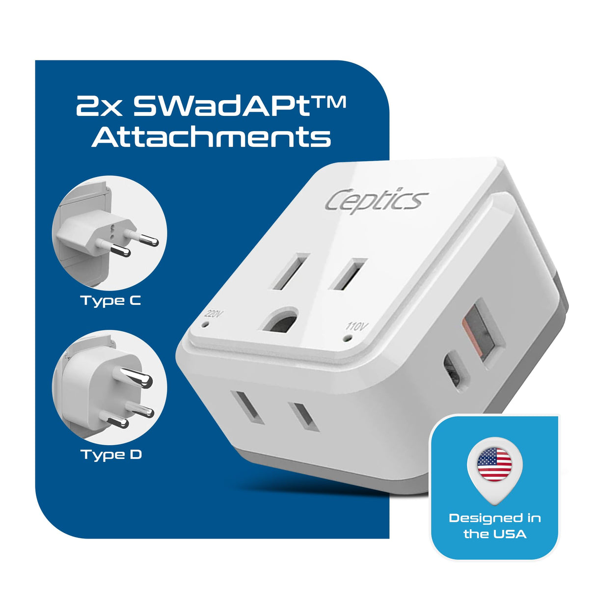 Ceptics India, Maldives Power Plug Adapter Travel Set, 20W PD & QC, Safe Dual USB & USB-C 3.1A - 2 USA Outlet - Compact - Use In Pakistan, Nepal, Bangladesh Includes Type D, Type C SWadAPt Attachments