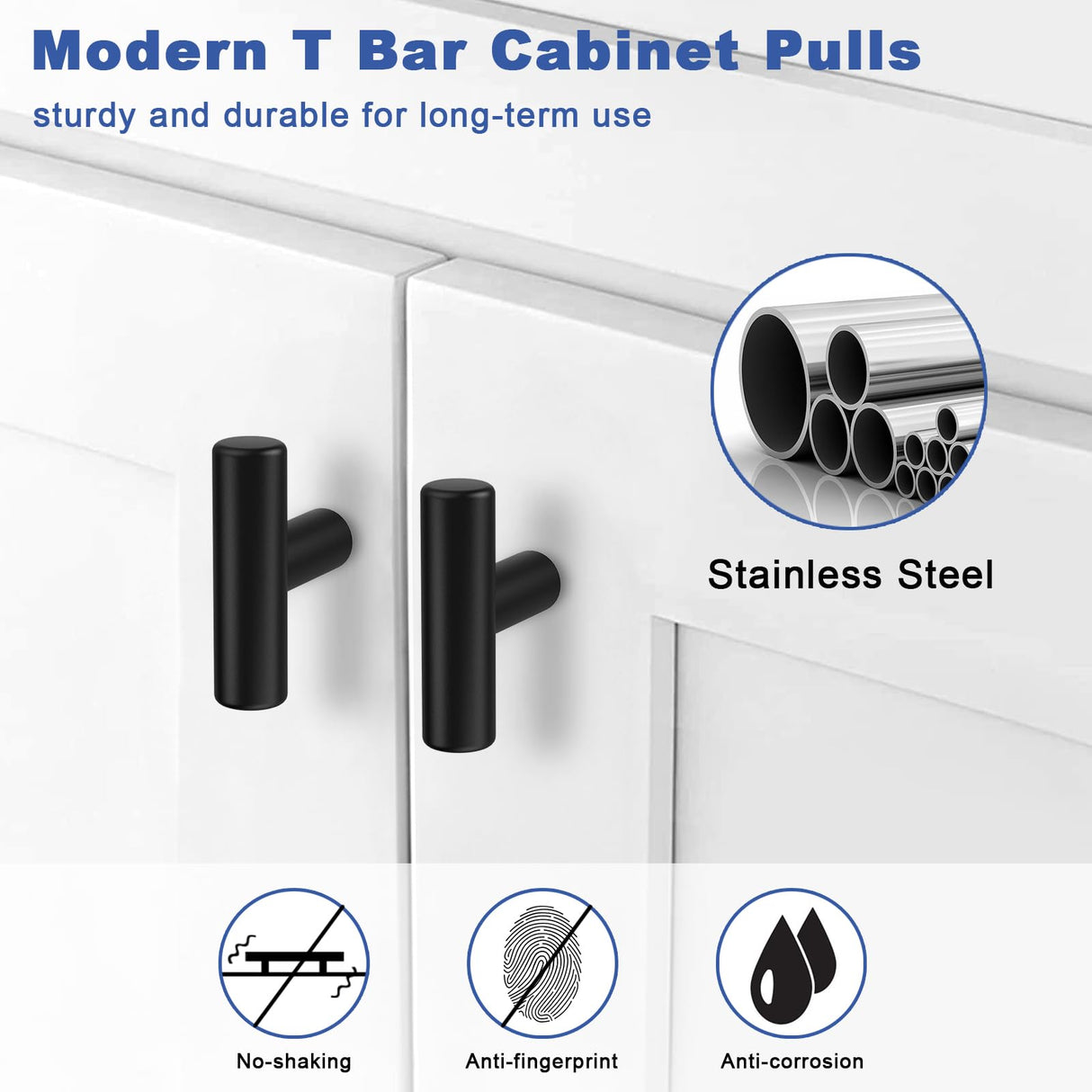 Estmoon 30 Pack Cabinet Knobs Matte Black Drawer Knobs Stainless Steel 2 Inch Overall Length Dresser Knobs for Cabinets Cupboard Bathroom Kitchen Hardware, Single Hole T Bar Knobs