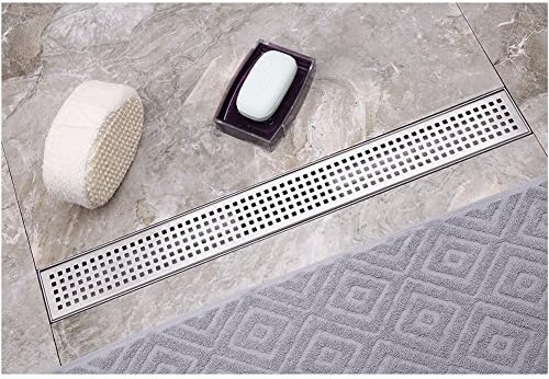 Neodrain 24-Inch Linear Shower Drain with Quadrato Pattern Grate,Brushed 304 Stainless Steel Rectangle Shower Floor Drain,Linear Drain with Leveling Feet,Hair Strainer