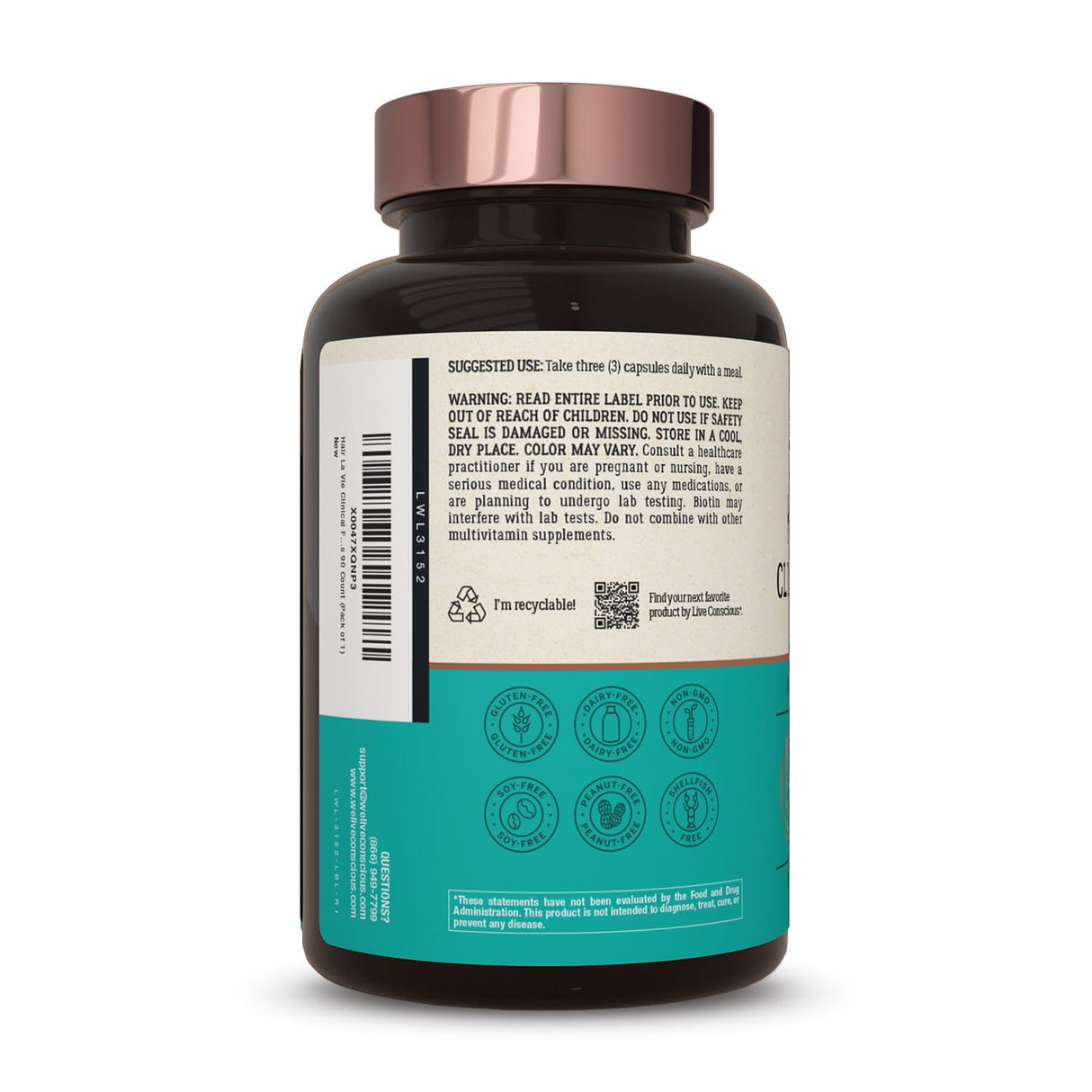 Hair La Vie Live Conscious Clinical Formula Hair Growth Vitamins for Women and Men w/Biotin 5000mcg, Collagen & Saw Palmetto (Pack of 1)