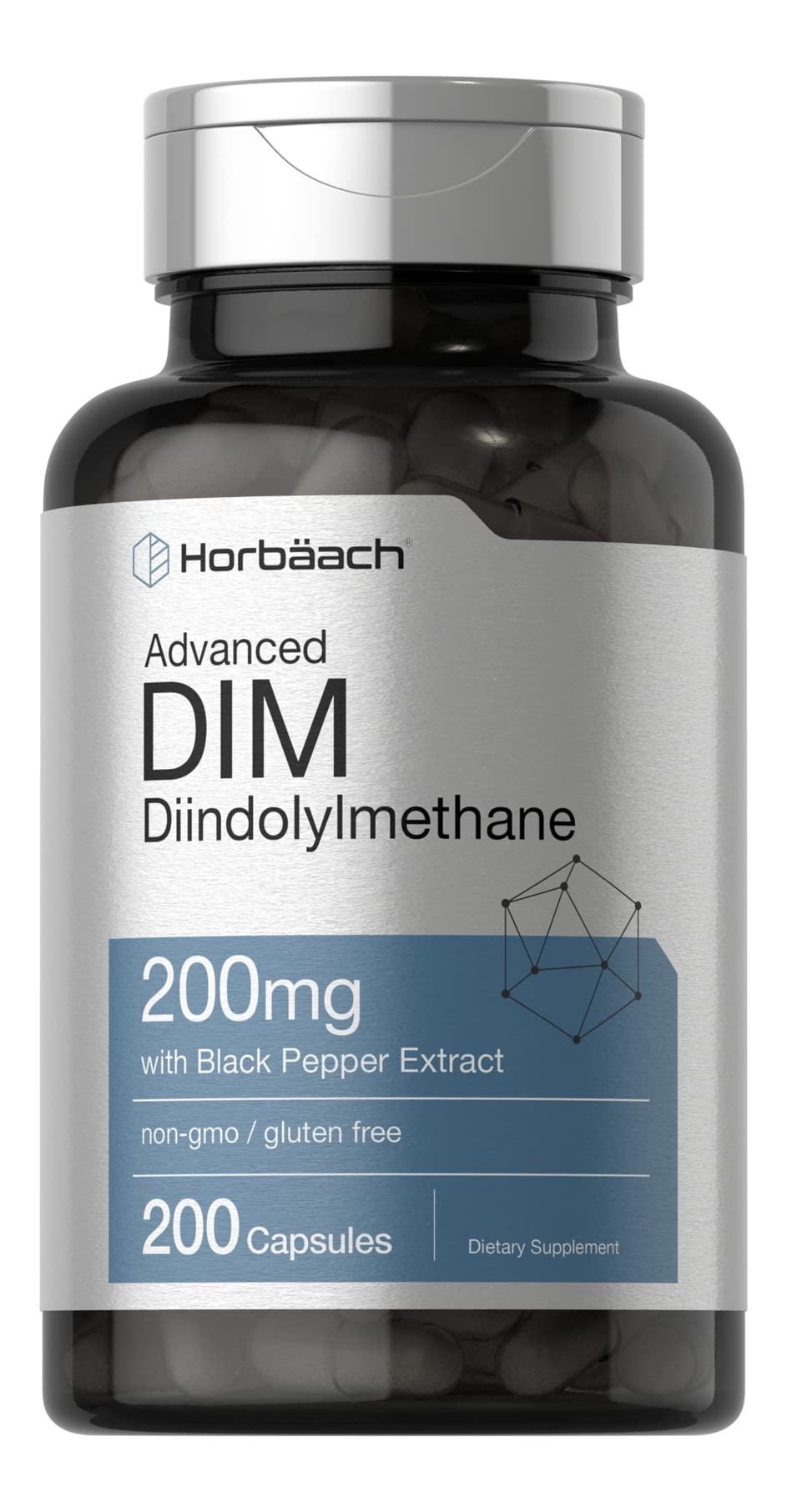 Horbäach DIM Supplement for Women and Men | 200mg | 200 Capsules | Advanced Diindolylmethane | with Black Pepper Extract | Non-GMO, Gluten Free