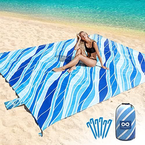 Extra Large Beach Blanket Waterproof & Sandproof 9'x10'8" for 10 People - Beach Essentials for Family, Picnic, Concert, Travel - Includes 4 (+2) Stakes - by Everlasting Comfort