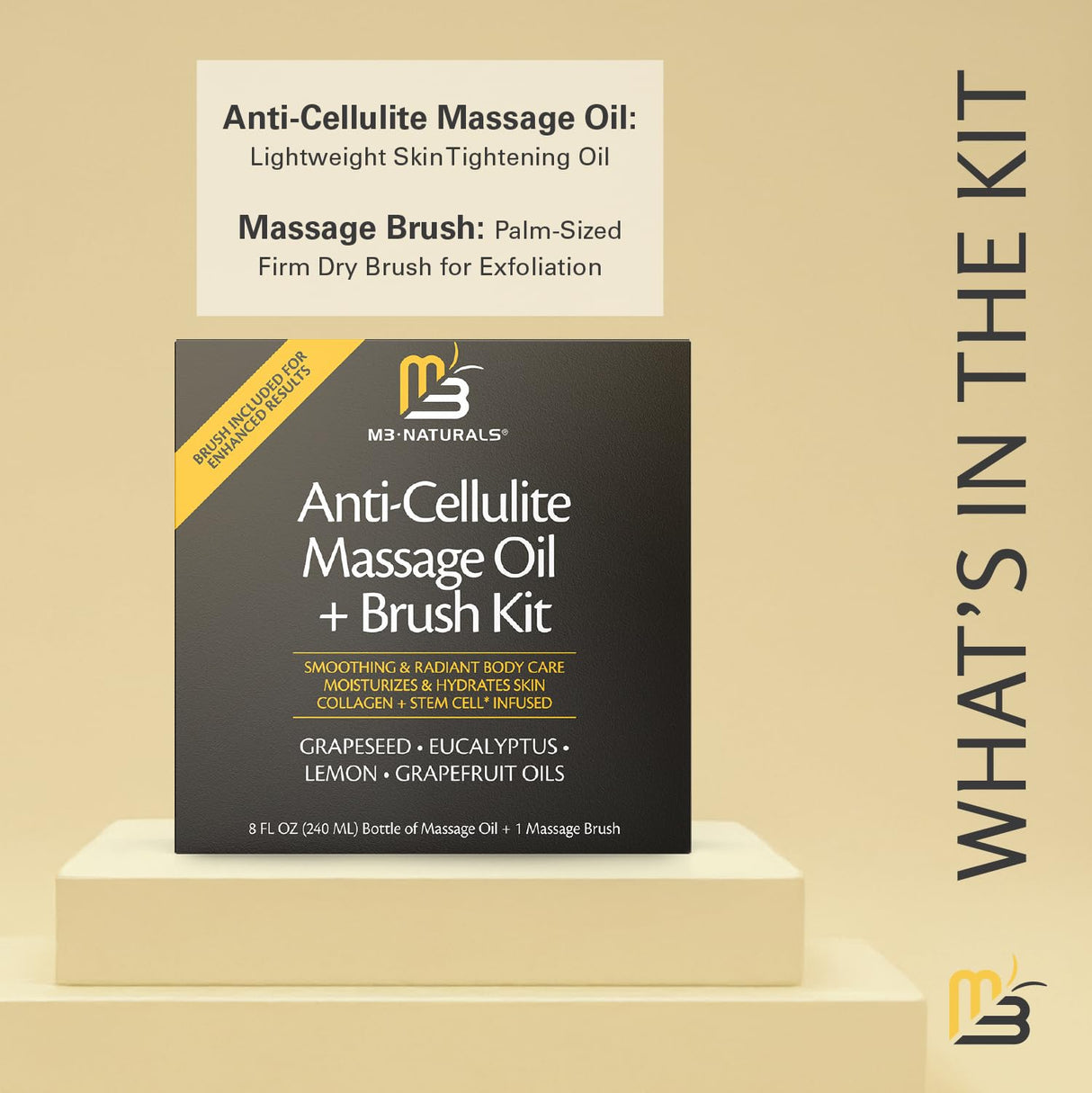 M3 Naturals Anti Cellulite Massage Oil and Firm Dry Brush Kit | Collagen & Stem Cell Skin Tightening Kit | Radiant Body Care Kit for Women