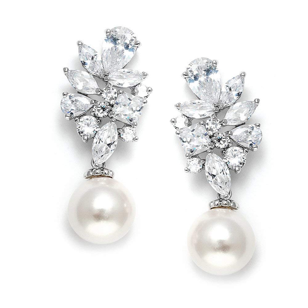 Mariell Pearl Drop & Dangle Bridal Earrings with CZ Crystal Cluster, Statement Jewelry for Bride, Mother of the Bride