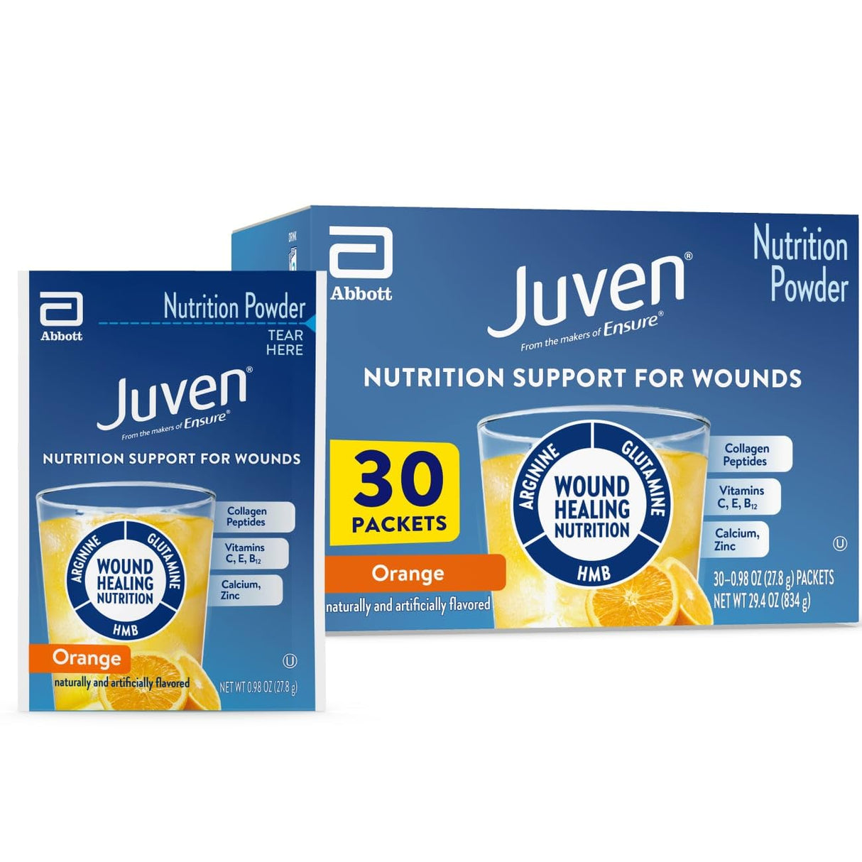 Juven Therapeutic Nutrition Drink Powder Including Collagen Peptides, Amino Acids, and HMB for Wound Healing Support, Orange, 30 Packets
