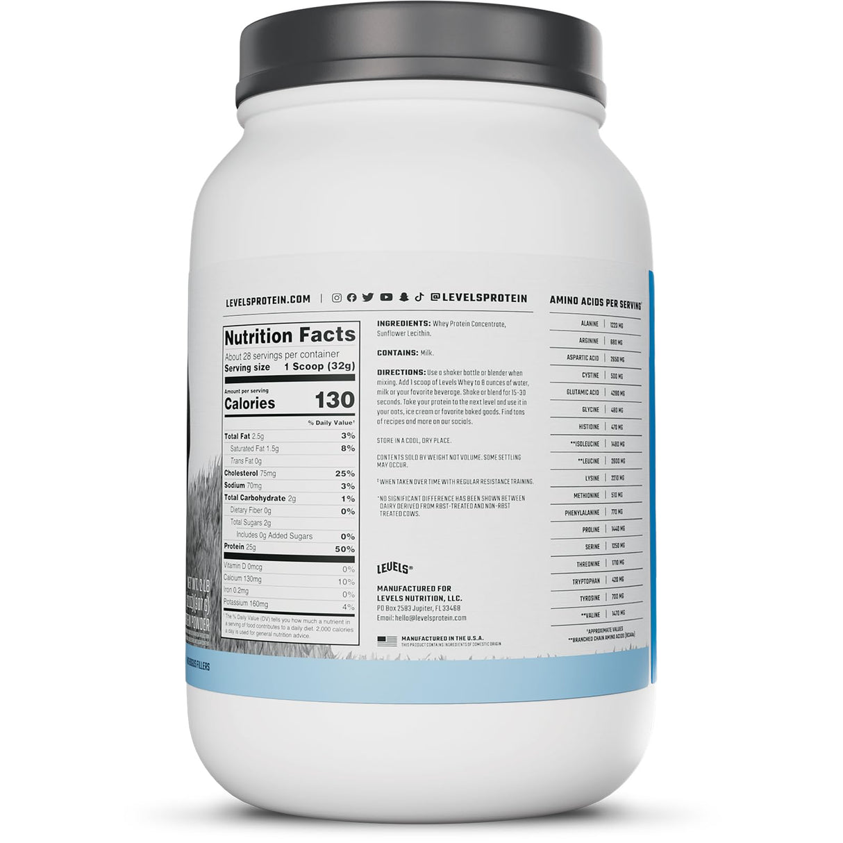 Levels Grass Fed Whey Protein Powder, No Artificials, 25G of Protein, Unflavored, 2LB