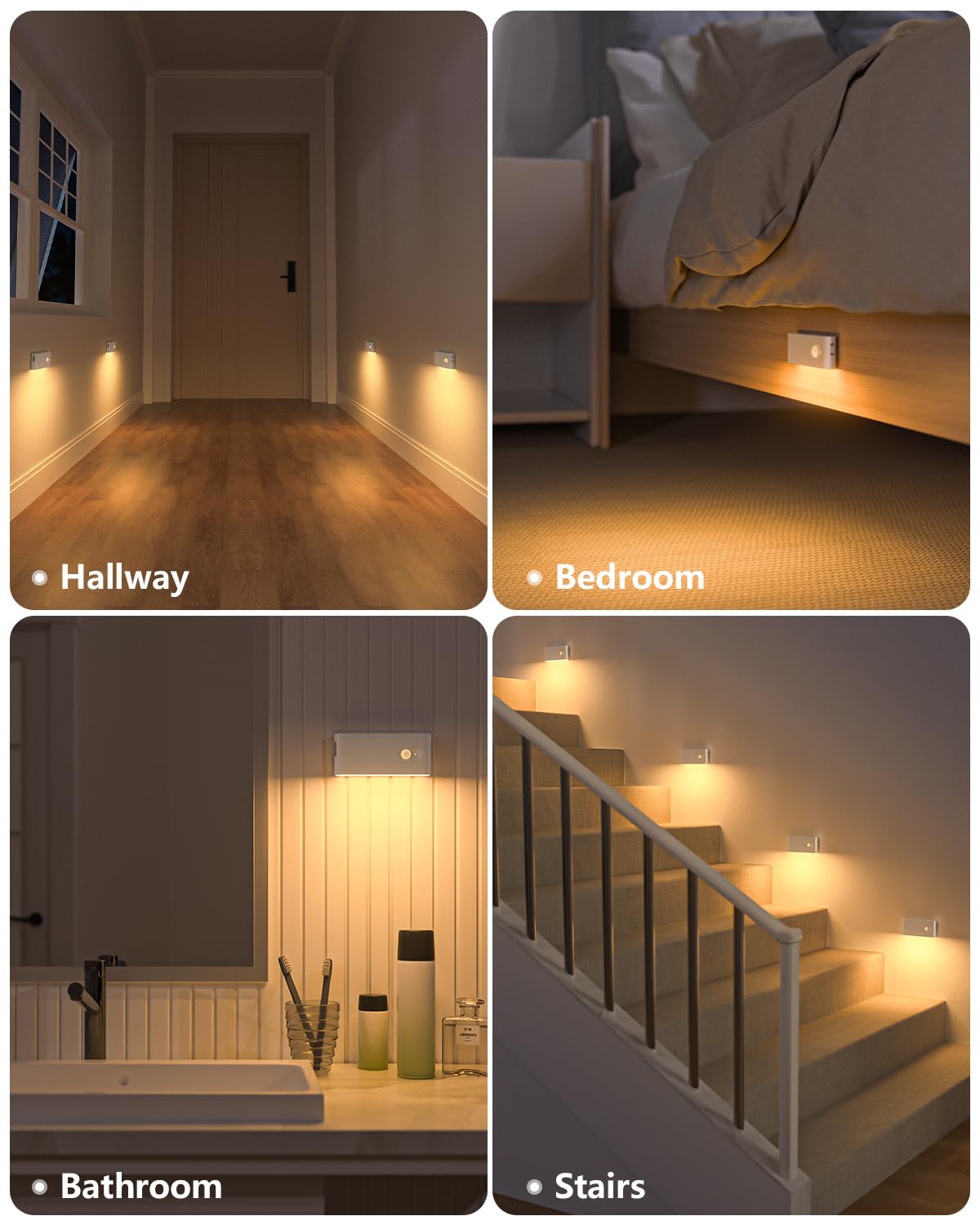 WILLED Rechargeable Night Light, Warm White Stair Lights Indoor, Wireless Motion Sensor Night Light, Stick On Lights for Stairs, Hallway, Stairway, Bathroom, Bedroom, Kitchen, 10 Pack