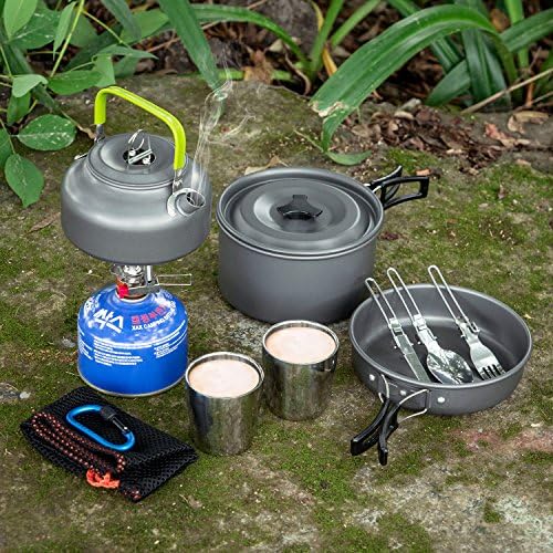 Odoland Camping Cookware Mess Kit, Lightweight Pot Pan Kettle with 2 Cups, Fork Spoon Kit Stainless Steel, gray for Backpacking, Outdoor Camping Hiking and Picnic