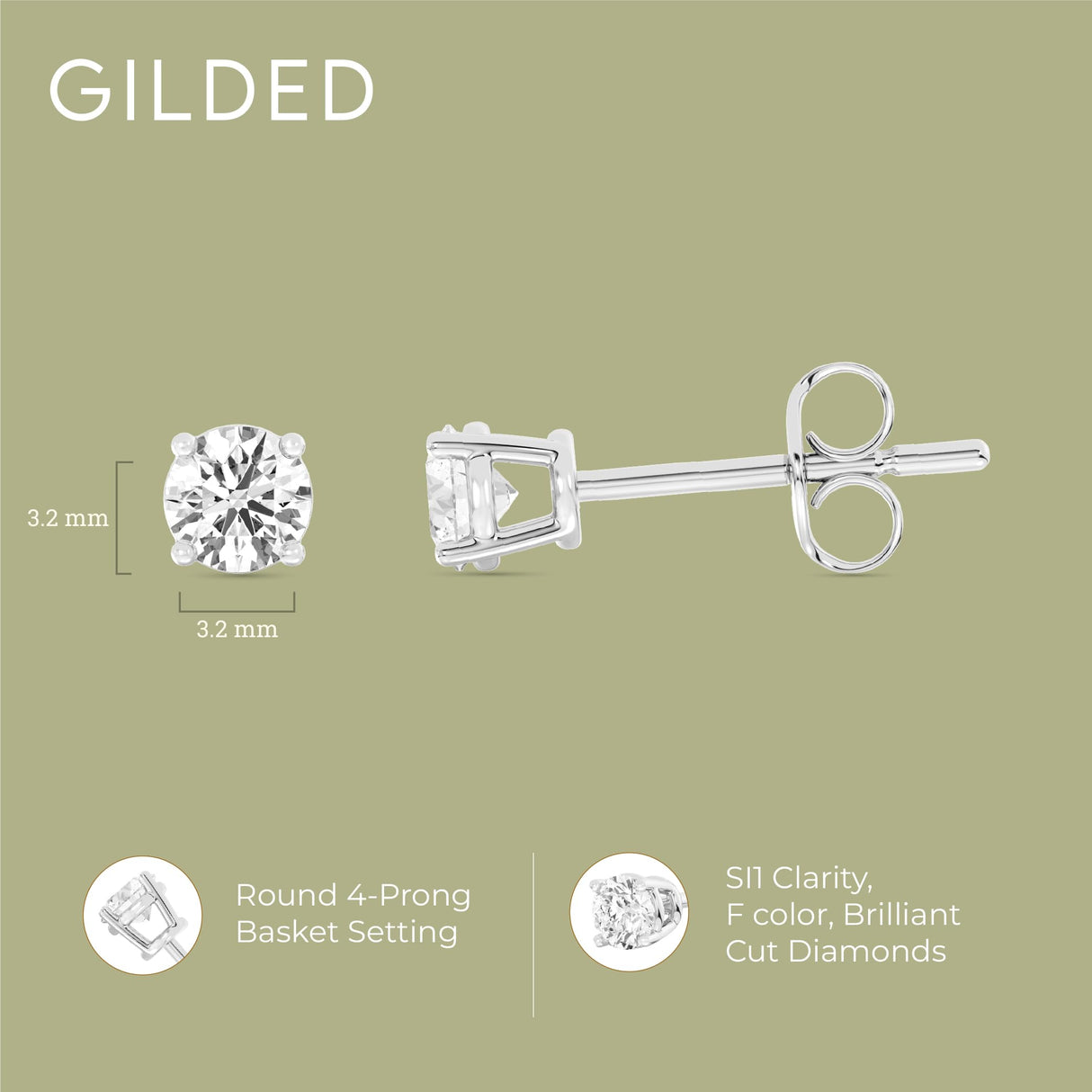 Gilded 1/4 ct. T.W. Round Lab Diamond Stud Earrings for Women | 925 Sterling Silver Studs | Hypoallergenic Fine Jewelry | 4-Prong Basket, Push Back Nut | SI1 Clarity, F Color, Round Cut