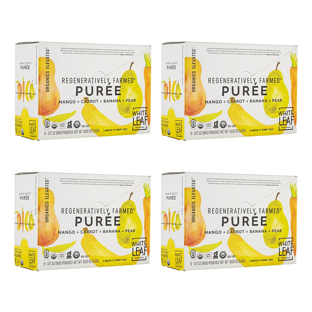 White Leaf Provisions Organic Purees / Baby Food Pouches - Fruits, Veggies & Grains, Toddler snack, Regeneratively Farmed, No Added Sugar, Non-GMO, BPA-Free Pouches 3.17 oz (Pack of 24, Mango + Carrot + Banana + Pear)
