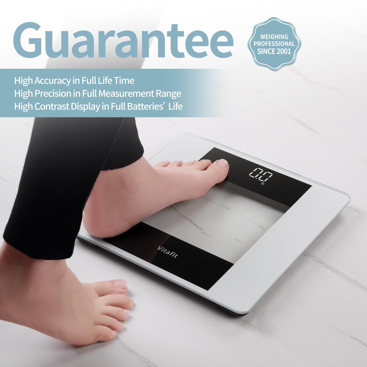 Vitafit Digital Bathroom Scale for Body Weight, High Accuracy Assured by Weight Scale Professional Factory Since 2001, White LED and Step-On, 3*AAA Batteries Included, 400lb, Silver