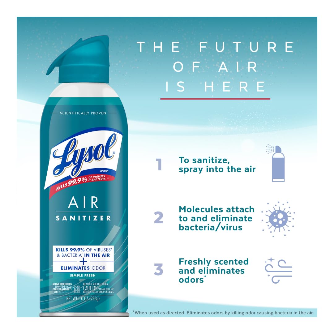 Lysol Air Sanitizer Spray, For Air Sanitization and Odor Elimination, Simple Fresh, Lavender, Cotton Blossom 10 Fl. Oz (Pack of 3)