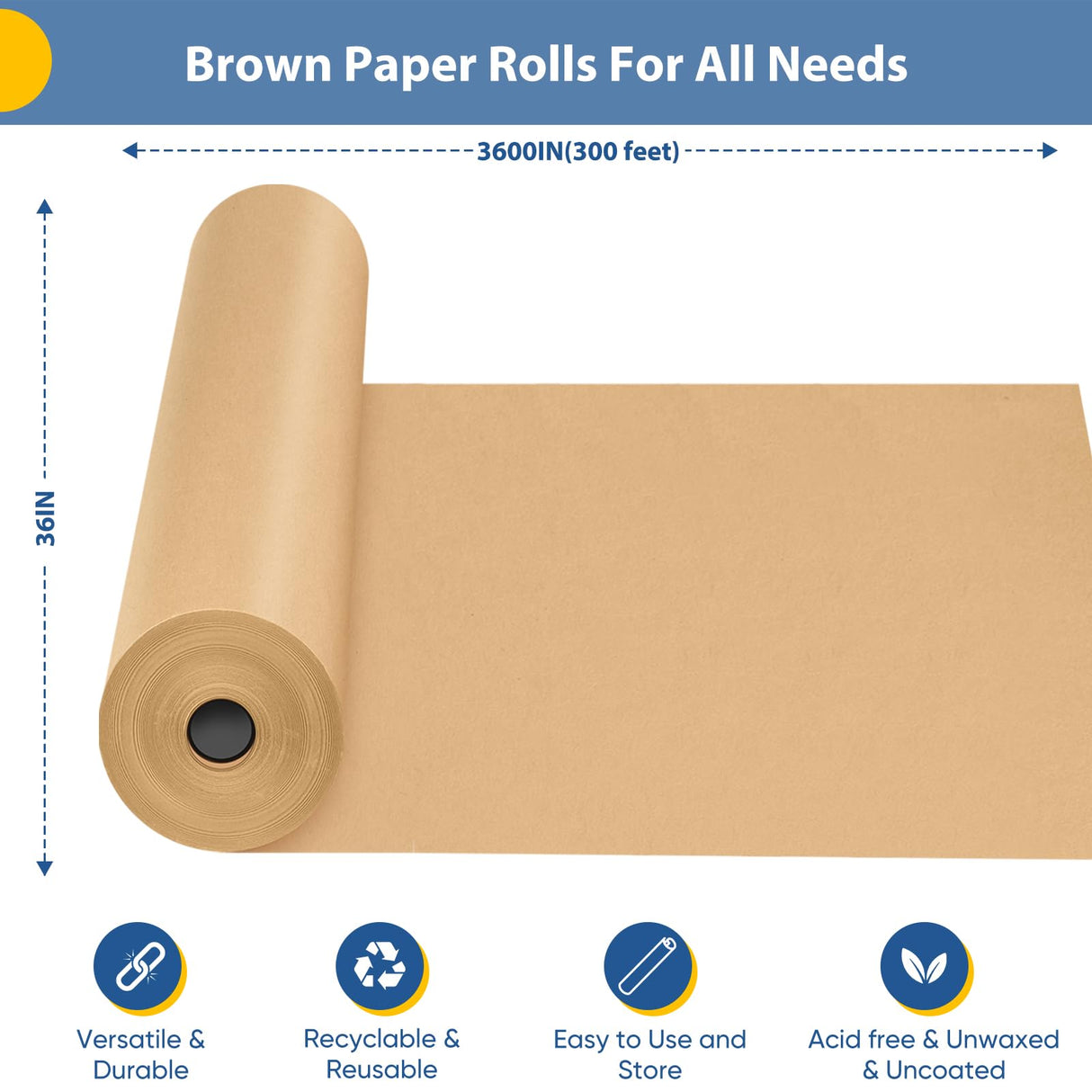 36" x 3600" (300') Brown Kraft Paper Roll, Gift Wrapping Paper for Craft Bulletin Board Art Decorative Paper Roll Christmas Bouquet Flower Table Covering Packing Shipping Moving Supplies 70GSM 50LB