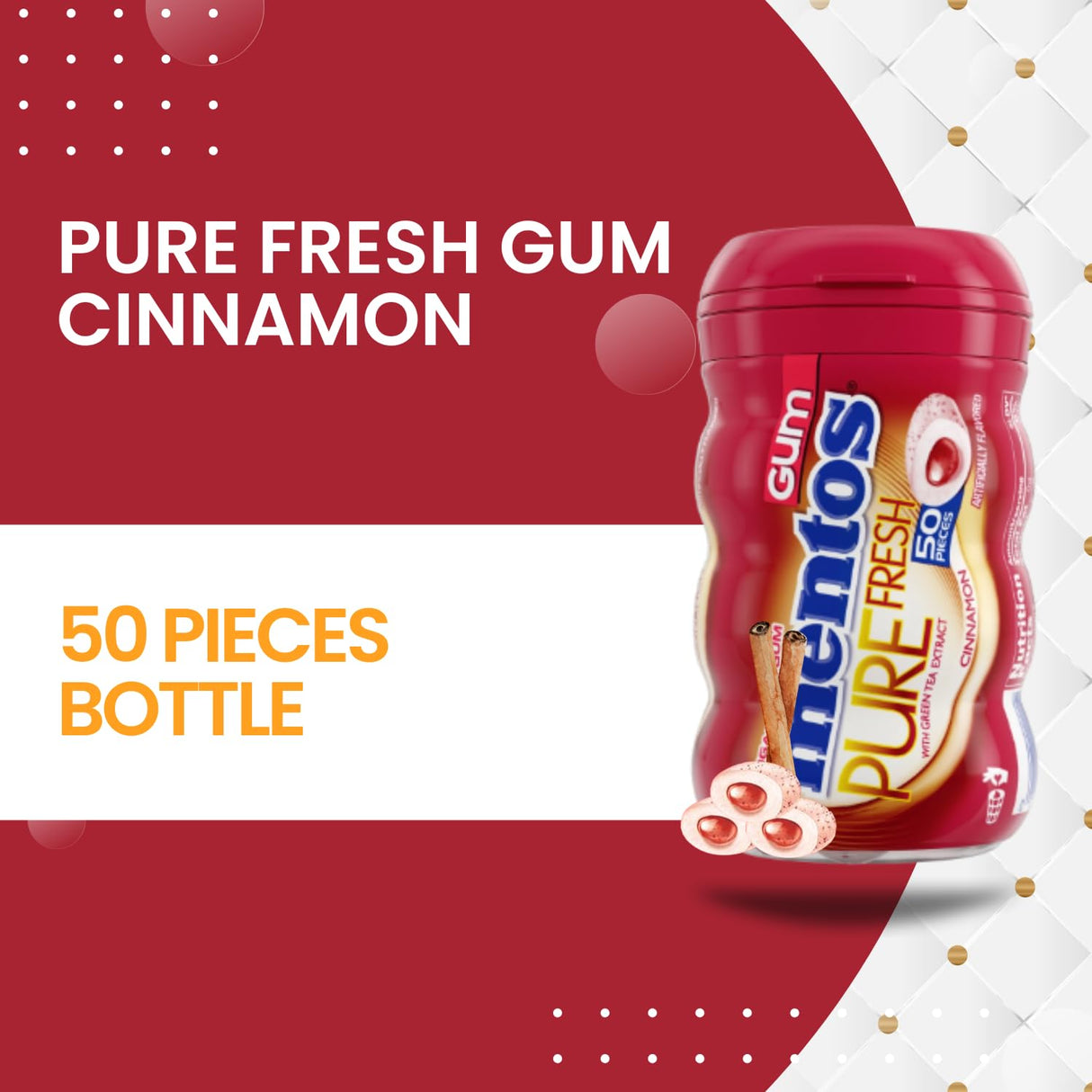 Pure Fresh Sugar Free Chewing Gum with Xylitol, Mento's Cinnamon, Bulk, 50 Piece Bottle (Pack of 2)