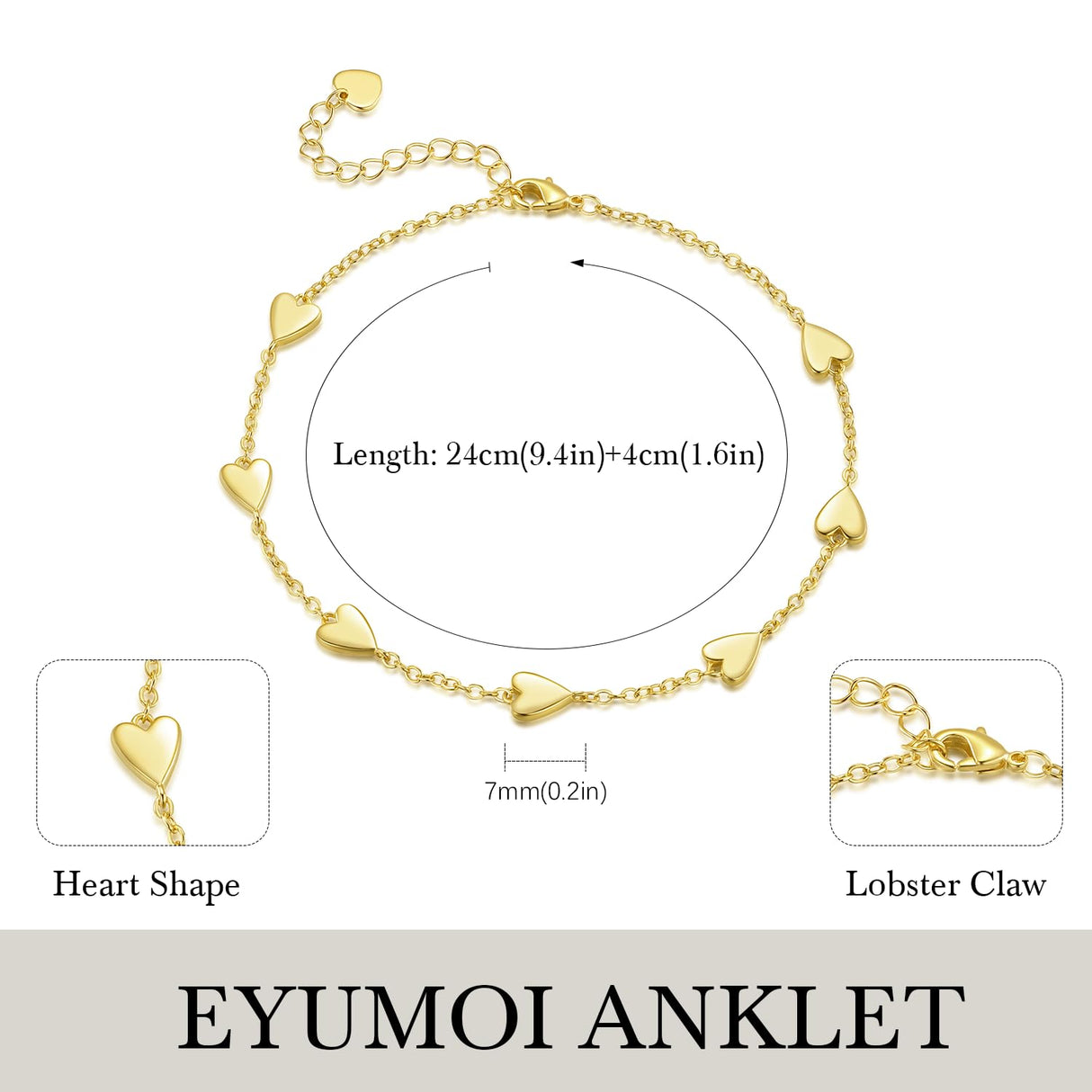 EYUMOI 14K Gold Anklets for Women Heart Ankle Bracelets for Women