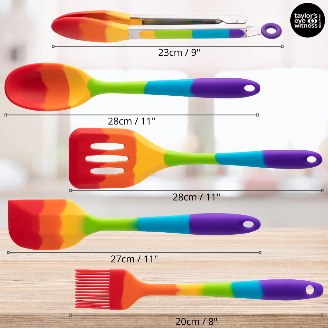 Taylors Eye Witness Rainbow Silicone Turner, Spoon, Spatula, Tongs and Brush Set – Dishwasher Safe, Heat Resistant, 5 Piece Set