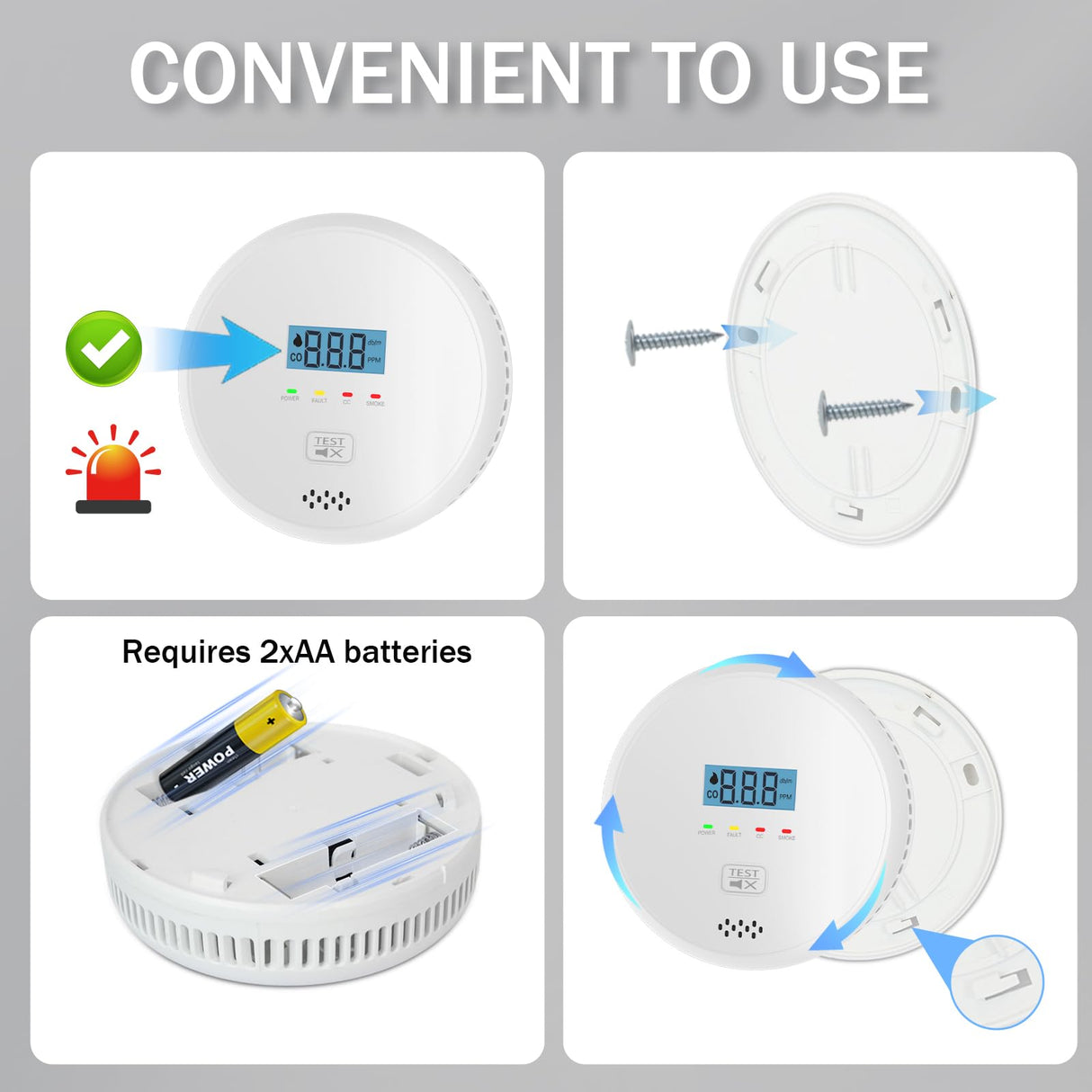 Smoke and Carbon Monoxide Detector Alarm Combo, Combination Carbon Monoxide Gas Detector Smoke Fire Alarm 2AA Battery Powered, Digital Display and Sound Light Alarm for Home, Bedroom, Kitchen