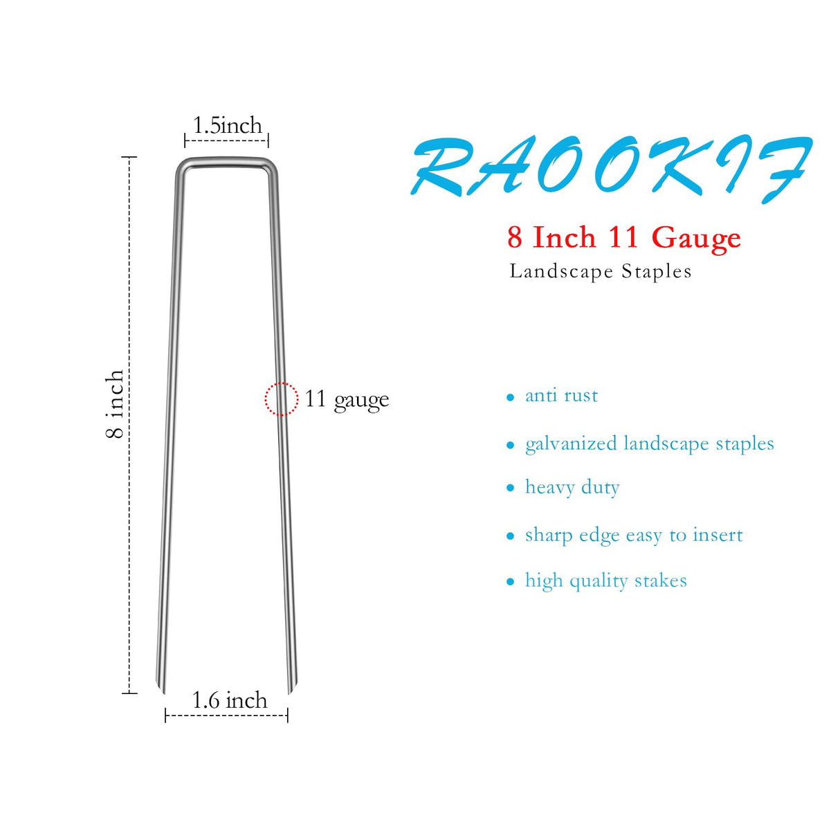 RAOOKIF 8 Inch Galvanized Garden Landscape Staples, 20/50/100/200Pcs Garden Metal Stakes, 11 Gauge Heavy Duty Ground Stakes for Decoration, Fence, Lawn, Fabric Pins