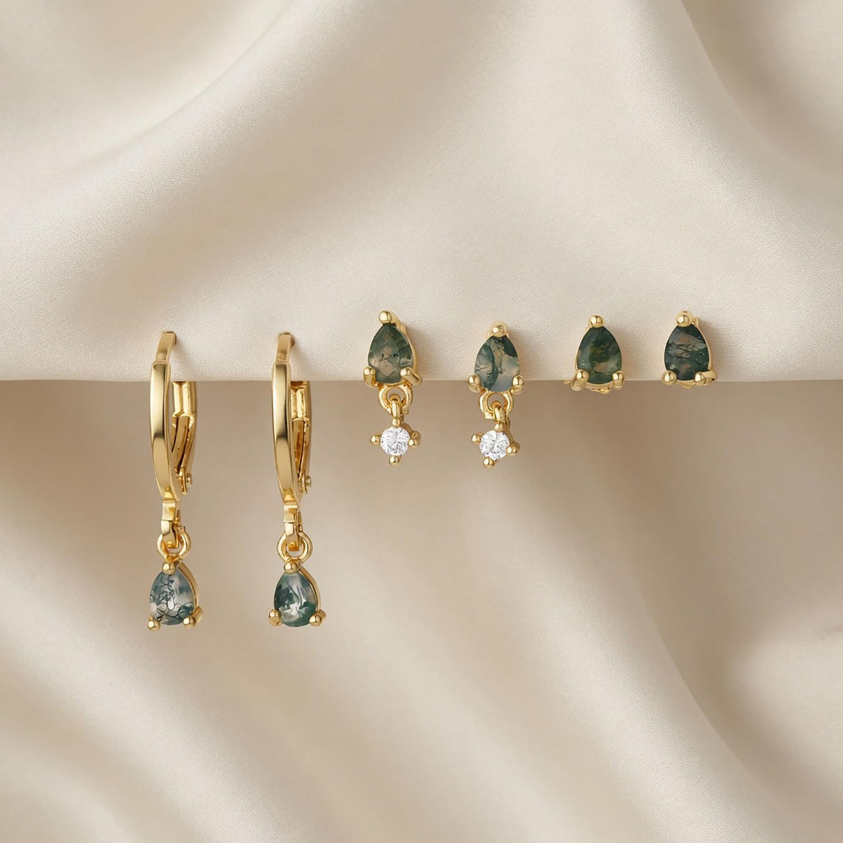 Moss Agate Gold Earrings for Women Set Stud Earring Stacks 14k Gold Plated Hypoallergenic Huggie Hoop Earrings Set Green Gemstone Dangle Earring Golden Jewelry Gifts For Women