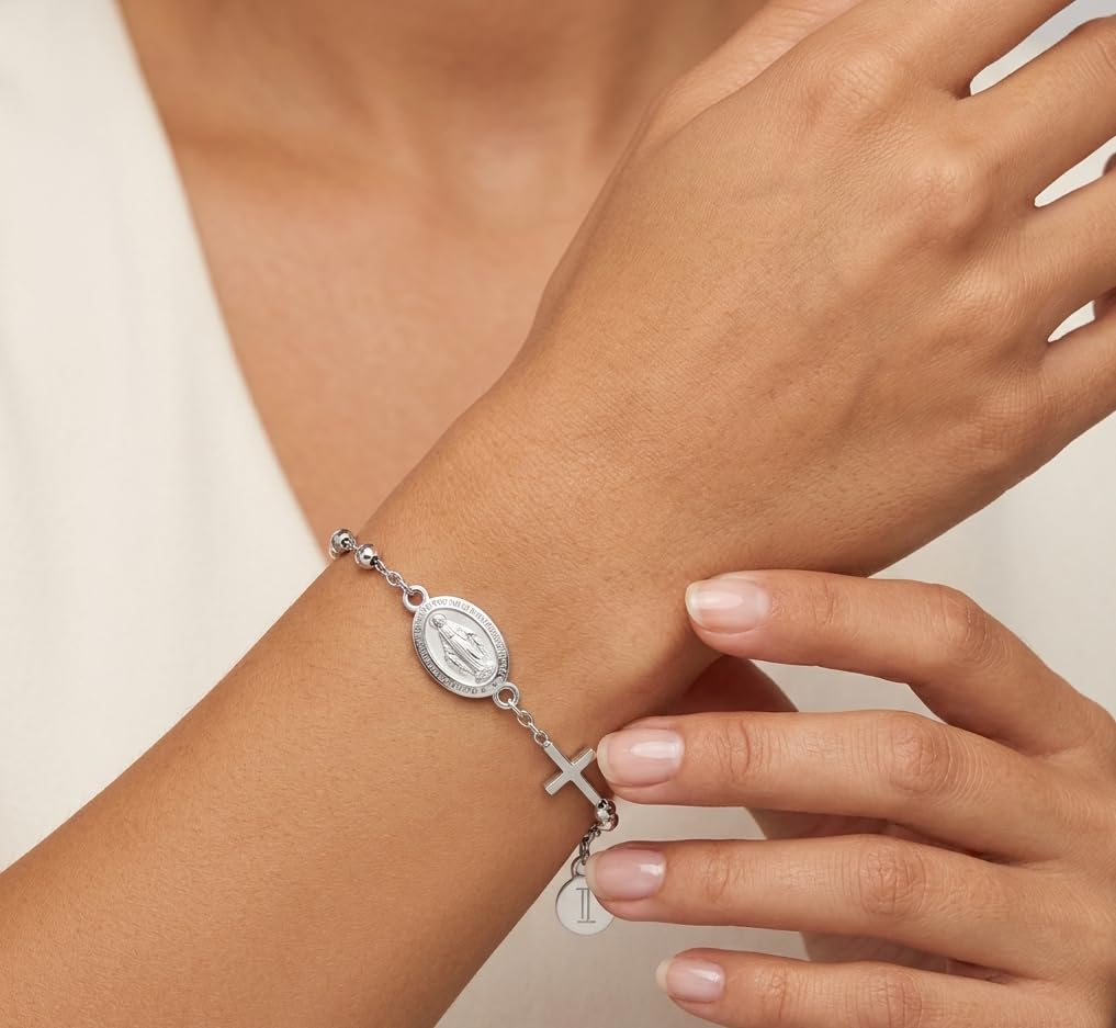 TURQ N TAUPE 925 Sterling Silver Bead Station Bracelet for Women - everyday wear gift for her 7.5 inches - Rosary Bracelet