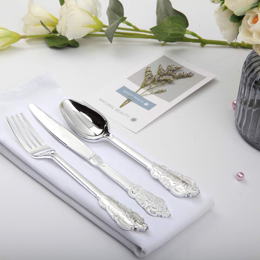 WDF 360 Pieces Silver Plastic Silverware- Disposable Flatware - Heavyweight Plastic Cutlery- Includes 120 Forks, 120 Spoons, 120 Knives for Christmas
