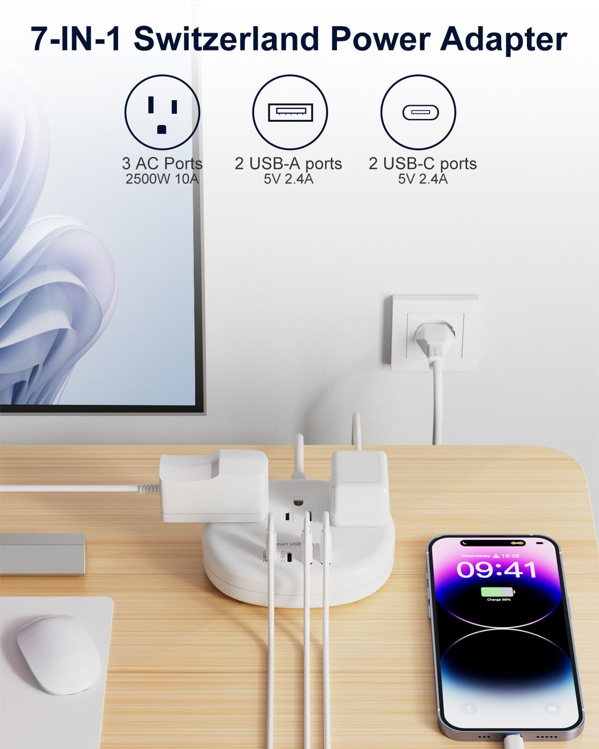 Switzerland Power Adapter, Switzerland Travel Plug Adapter with 3 American Outlets 4 USB Ports (2 USB-C) Total 24W, Type J Adapter for USA to Switzerland, Liechtenstein, Rwanda