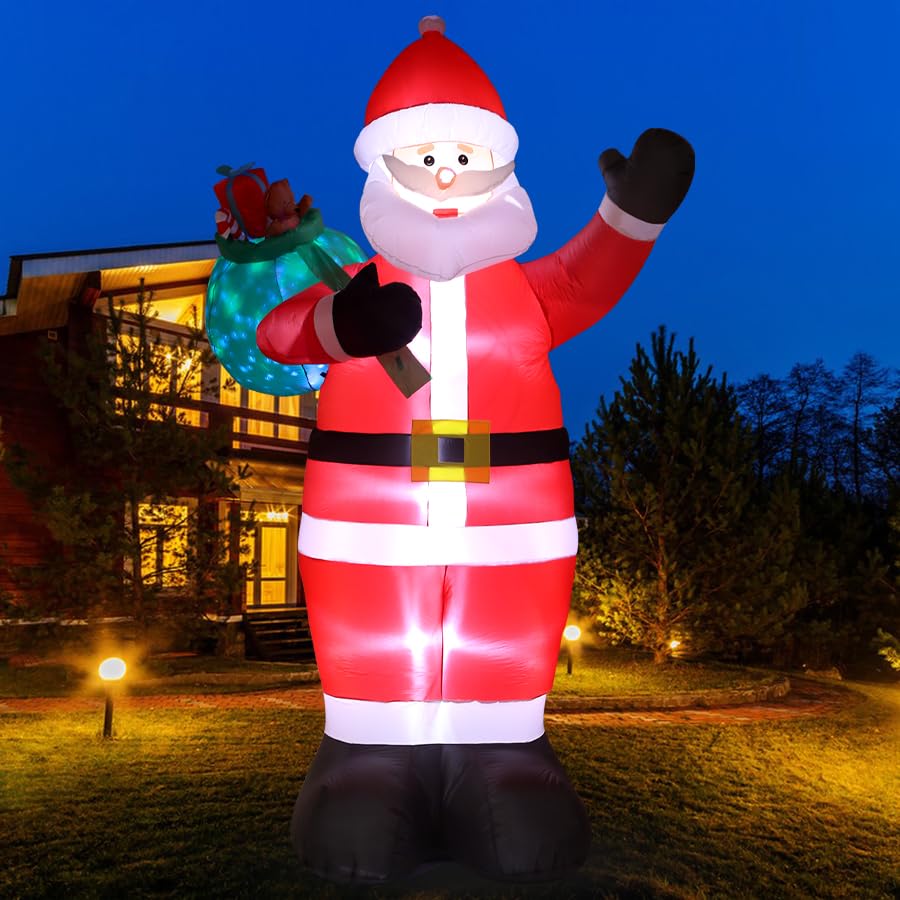 12FT Giant Christmas Inflatables Outdoor Decorations - LED Lighted Blow Up Santa Claus with Gift for Yard, Garden & Lawn - Inflatable Santa with Rotating Lights for Holiday Xmas Party Decor