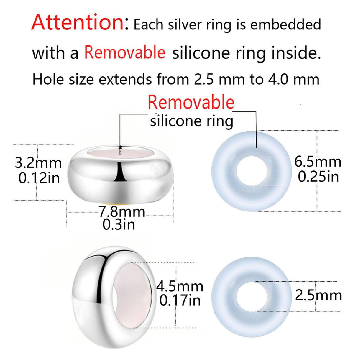 LAMOONY Clip Stopper Charms Sterling Silver Rondelle Spacer Bead for Bracelets (Silver) (Silver-4pcs)
