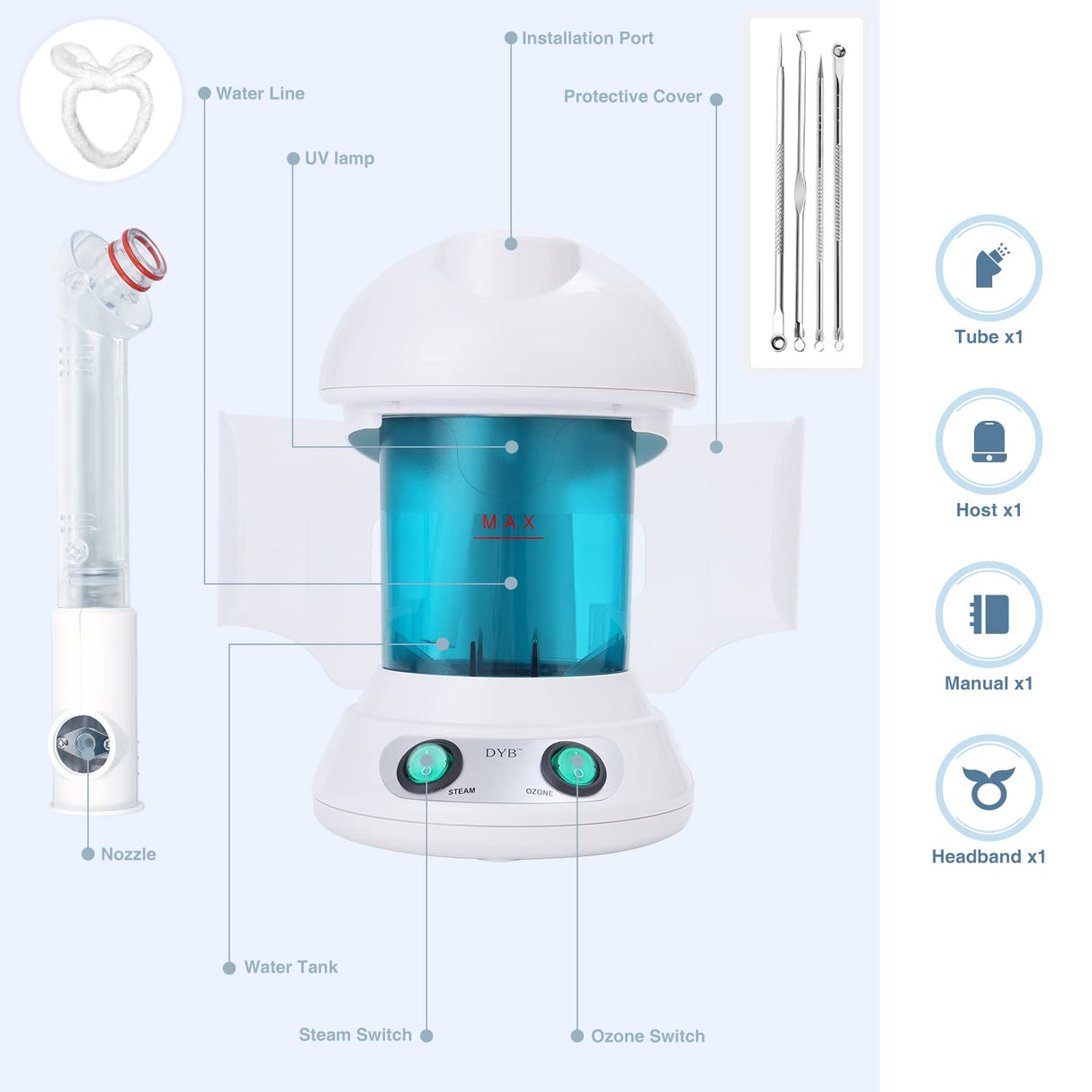DYB Portable Facial Steamer, Nano Ionic Face Steamer with 360°Rotatable Sprayer,Mini Facial Steamer for Salon and Spa,1 Piece Headband and 4 Pieces Steel Skin Kits.