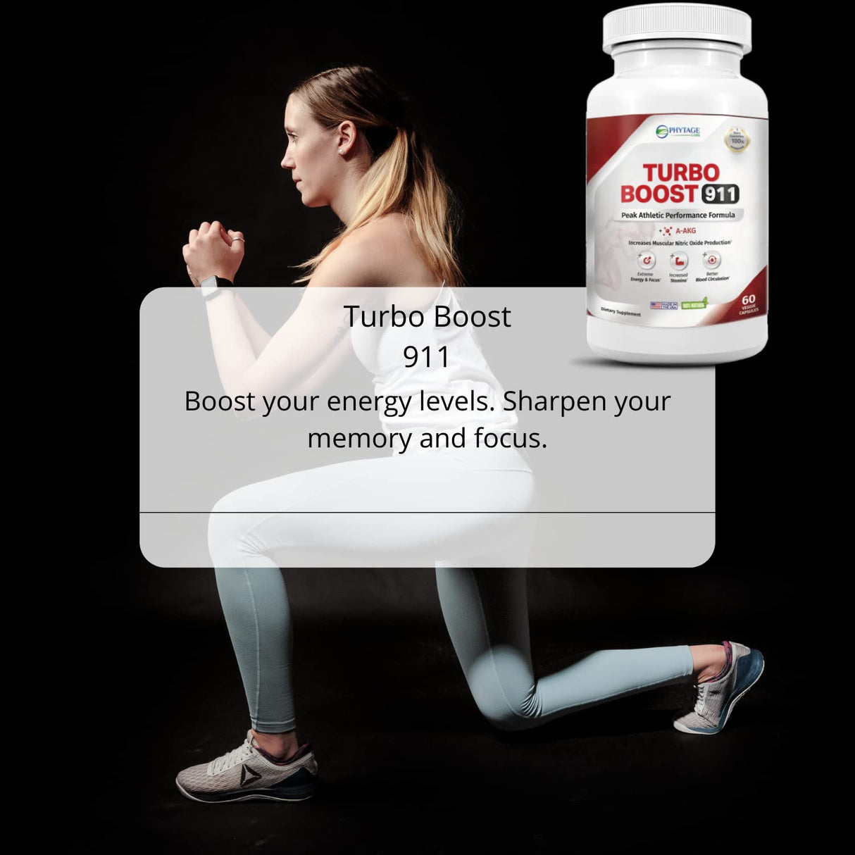 Phytage Labs Turbo Boost 911 Nitric Oxide Booster, Circulation, Energy Boost, Mental Focus (N-O) Supplement – 60 Capsules