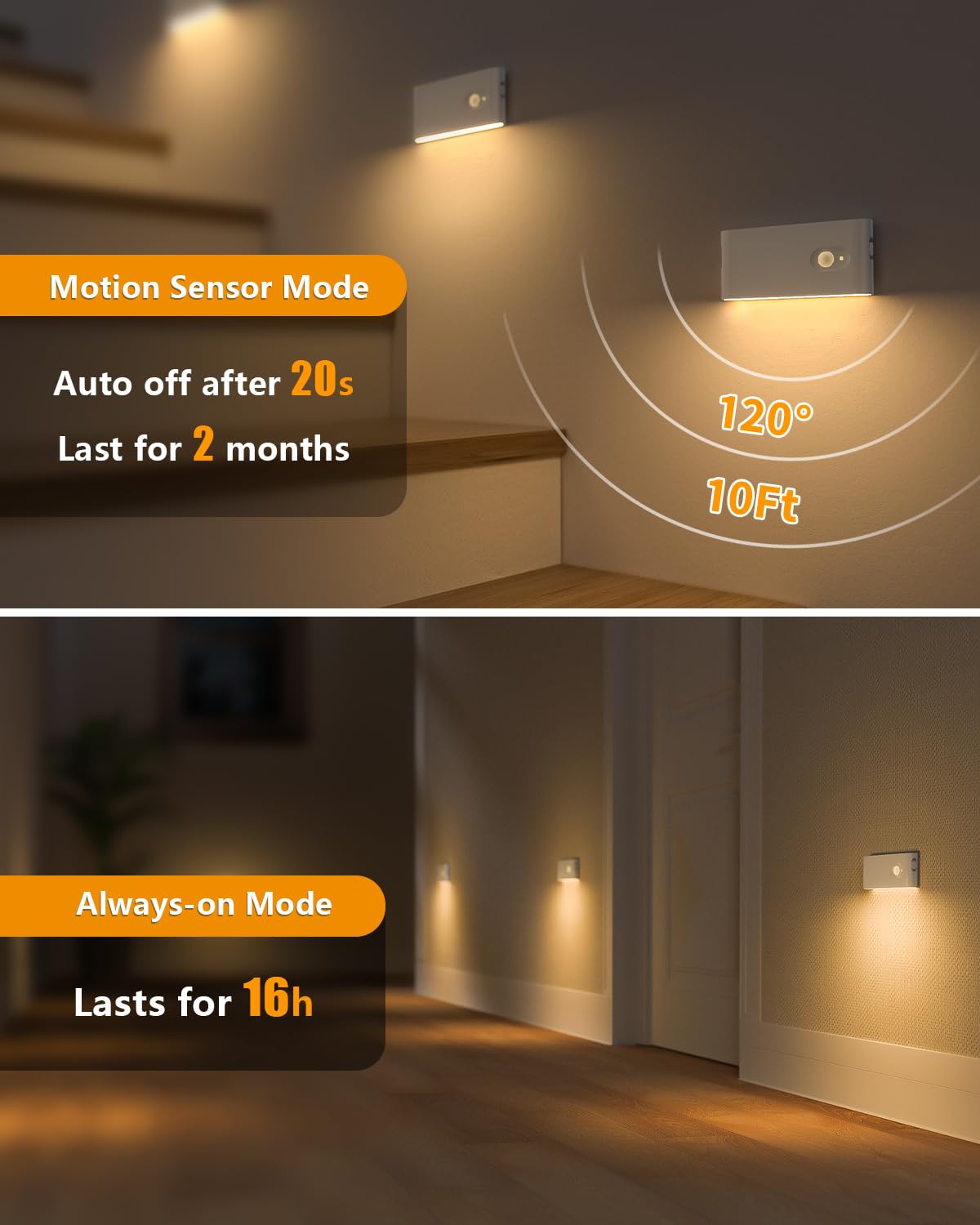 WILLED Rechargeable Night Light, Warm White Stair Lights Indoor, Wireless Motion Sensor Night Light, Stick On Lights for Stairs, Hallway, Stairway, Bathroom, Bedroom, Kitchen, 10 Pack