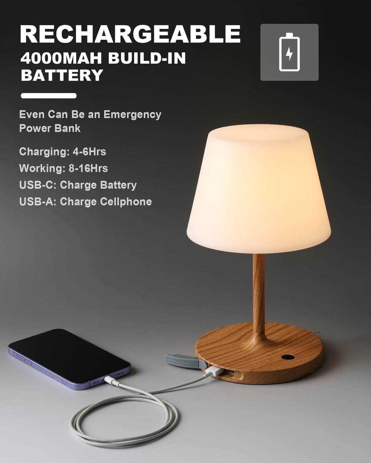 WEILAILUX Outdoor Battery Operated Table Lamp Waterproof, 4000mAh Cordless Table Lamp Rechargeable, Touch Dimmable Desk Lamp, LED Night Light for Patio Camping Restaurant Home (Wood Grain, 9.6in)