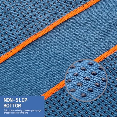 Eunzel Hot Yoga Towel - Microfiber Non Slip Yoga Mat Towel with Grip Dot Sweat Absorbent Towel for Hot Yoga, Pilates and Fitness 72" x 24", Steel Blue/Orange
