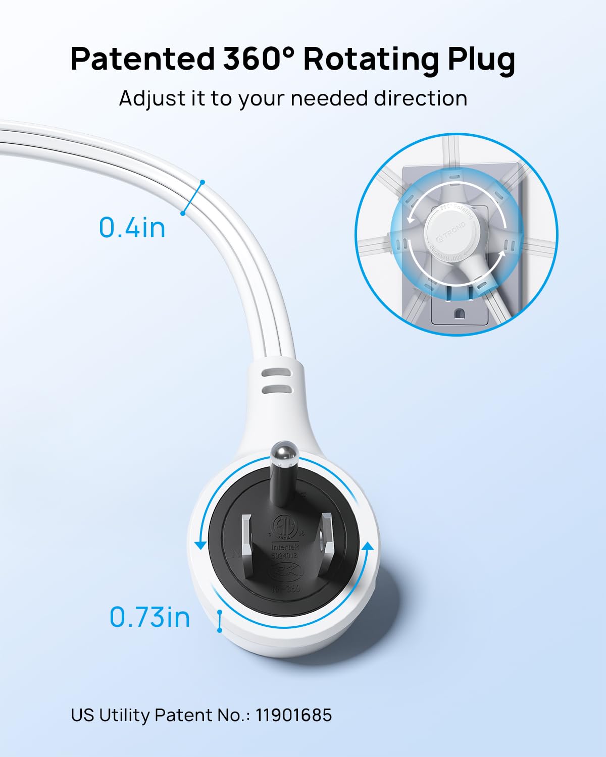 TROND Flat Extension Cord 10ft with 360° Rotating Plug, Low Profile Small Power Strip, 3 Prong Grounded Outlets Cube, 13A, SPT 16/3 AWG Cable, for Indoor Home Office Kitchen Cruise Essentials, White