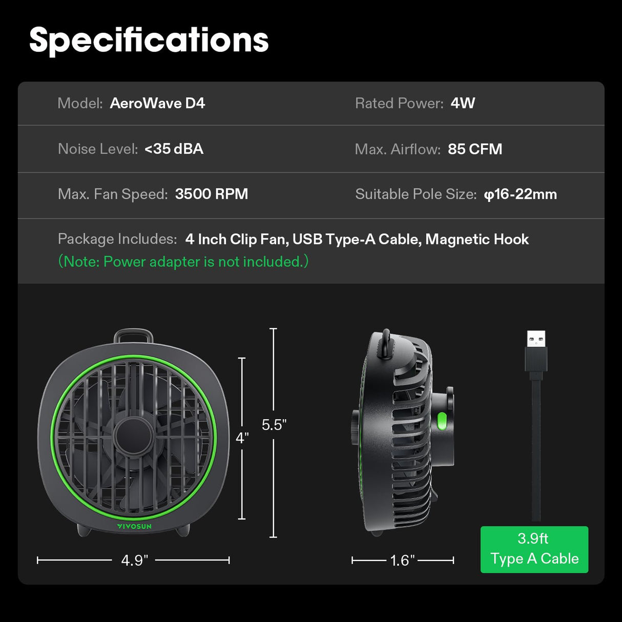 VIVOSUN AeroWave D4, 4” Grow Tent Clip Fan with Detachable Hook, 3-Speed Strong & Quiet Airflow, Adjustable Airflow Angle for Hydroponics, Circulation & Cooling, Black, 1-Pack