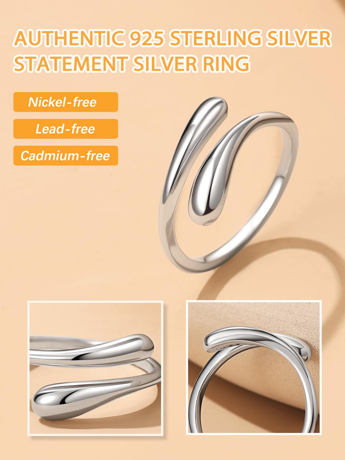 Bestyle Silver Ring for Women - 925 Sterling Silver Finger Wrap Teardrop Rings Minimalist Adjustable Open Rings for Women Simple Women Stacking Band Ring