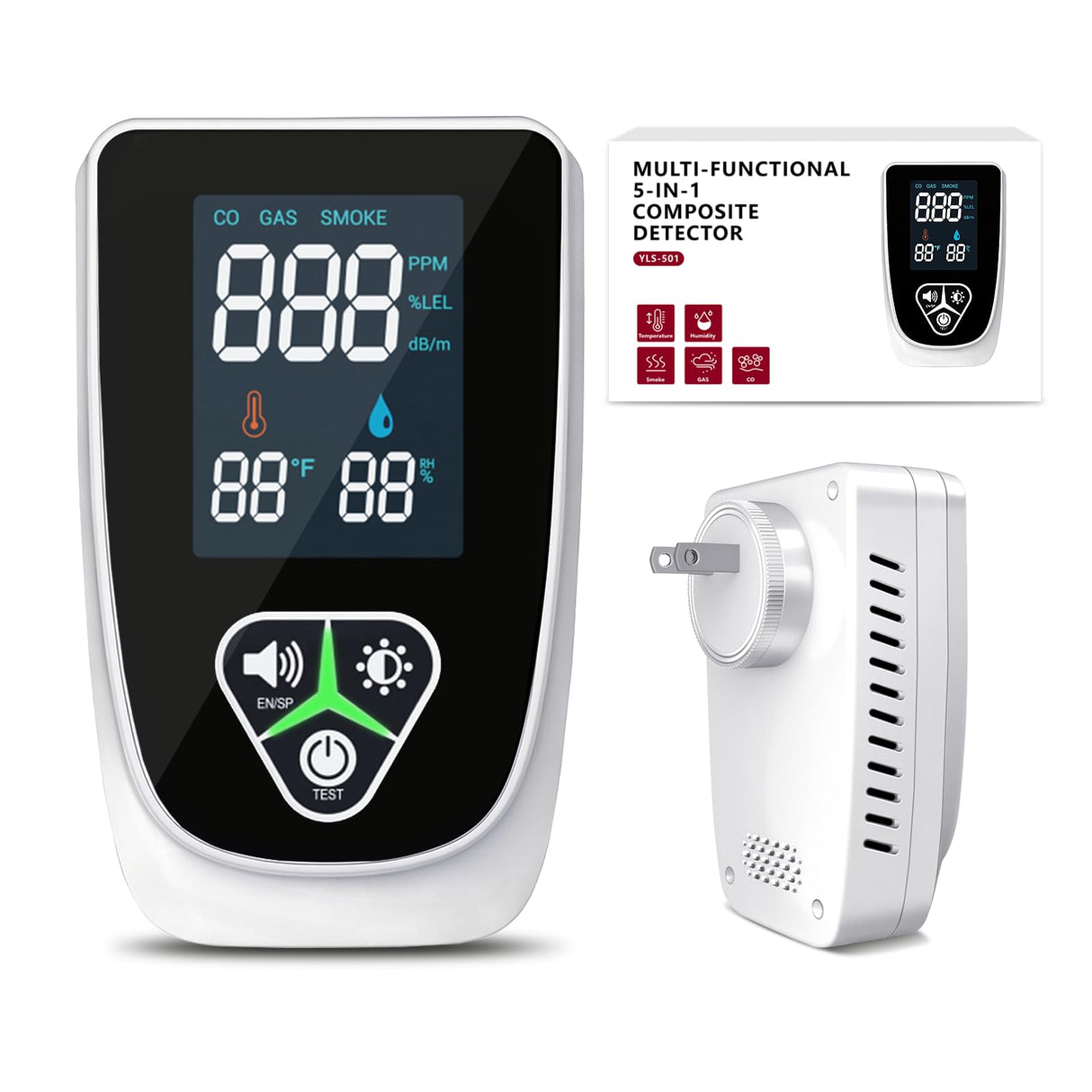 5-in-1 Plug in Gas & Smoke & Carbon Monoxide Detector, Combination CO Alarm with Temperature(°F) & Humidity HD Screen Supports English/Spanish Ideal for Home, RVs, Apartment (1 Pack)