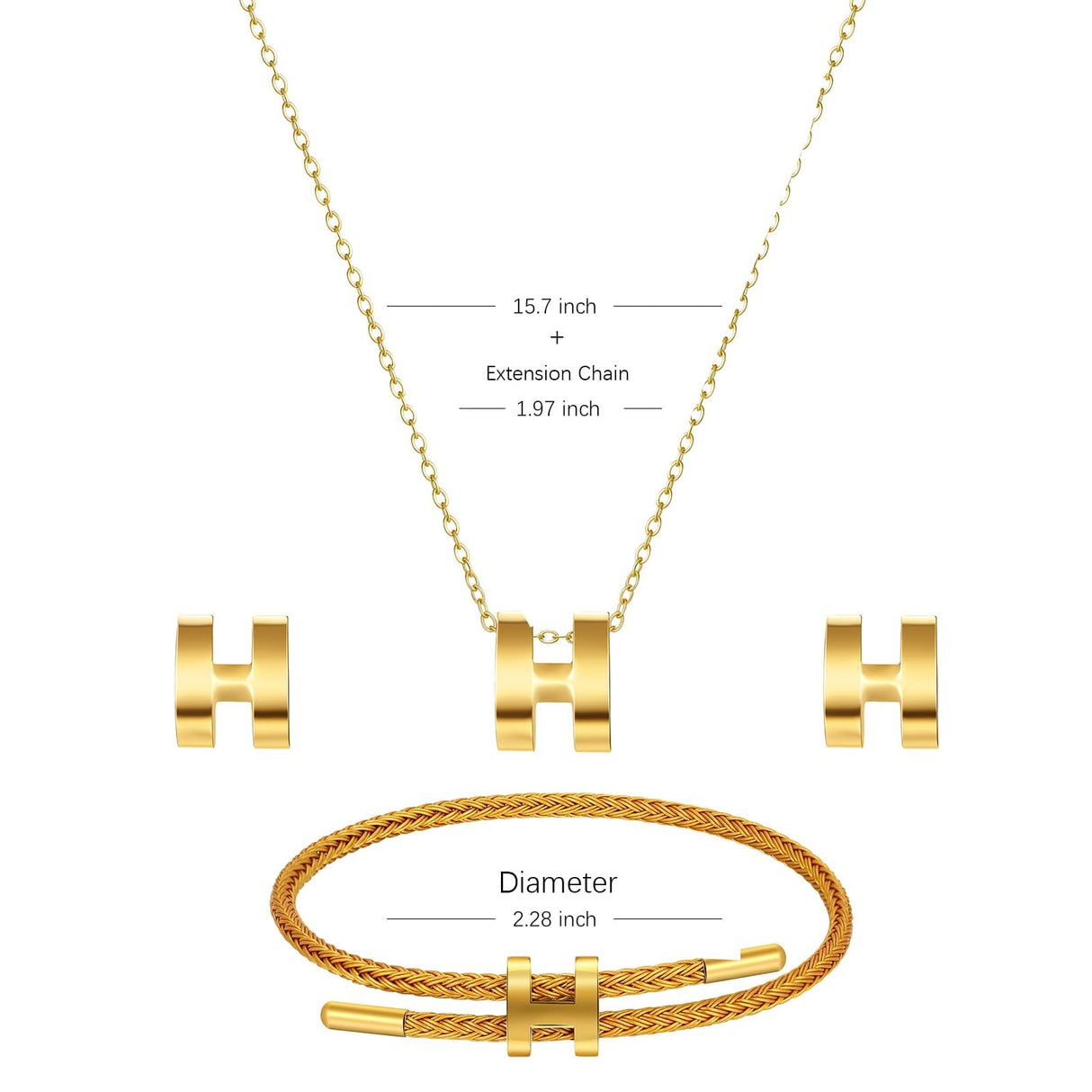 Watdoc H Jewelry Set for Women 3 Piece, H Titanium Steel Necklace, Earrings, Bracelet Set, Hypoallergenic Ear Studs, Adjustable Chain, Eco Friendly Packaging (gold)