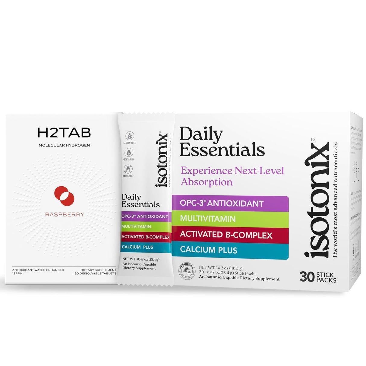 Isotonix The Ultimate Protocol | Daily Essentials Vitamin Pack & H2TAB Hydrogen Water Tablets | Supports Energy, Hydration, Recovery, Mental Clarity & Immune Health - 30 Count - Raspberry