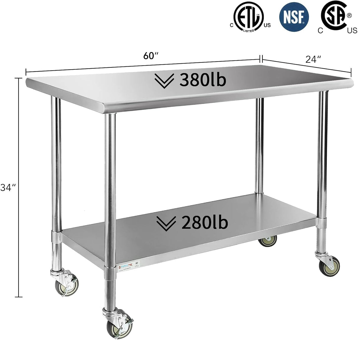 STABLEINK Stainless Steel Table with Wheels 24 x 60 Inches 5ft, NSF Commercial Prep & Workbench with Adjustable Undershelf and Casters, for Commercial Kitchen, Restaurant, Hotel,Laundry and Garage