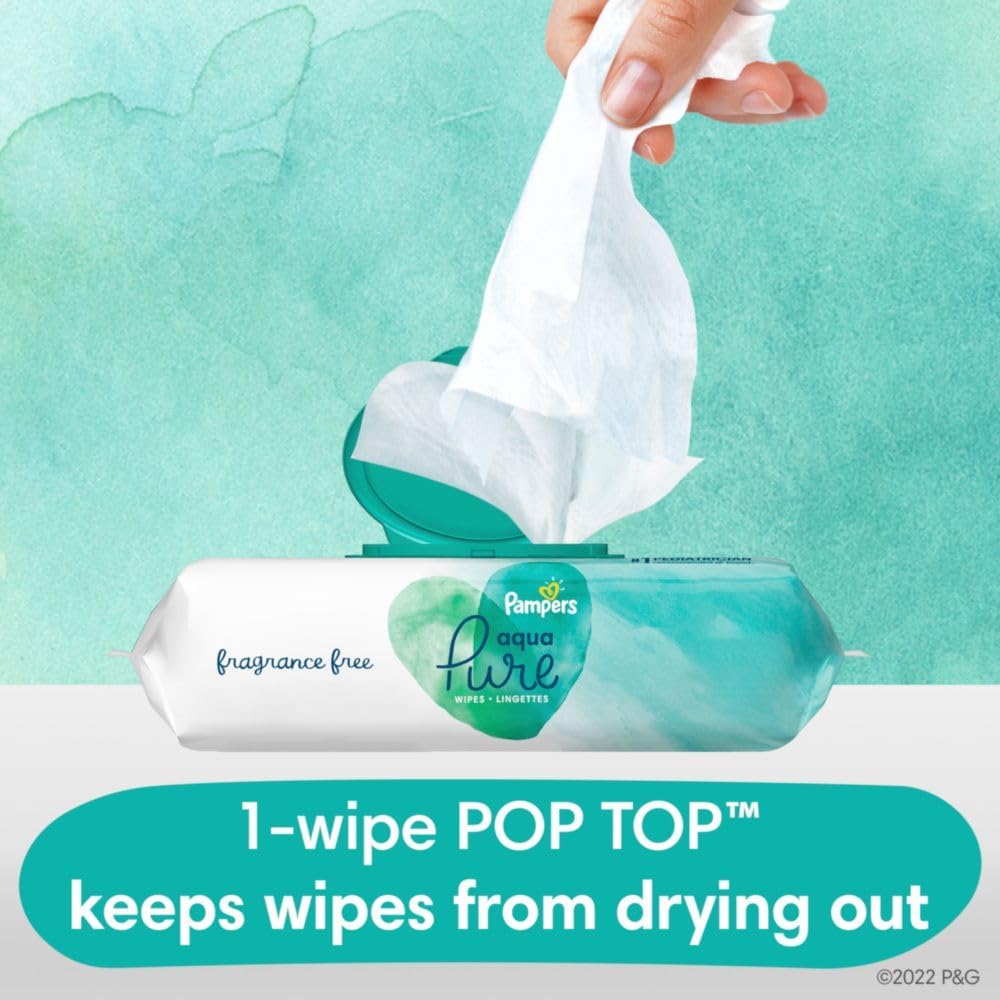 Pampers Baby Wipes Aqua Pure, 99% water-based wipes, Hypoallergenic and Unscented Infant Wipe, 448 Total (8 Flip-Top Packs)
