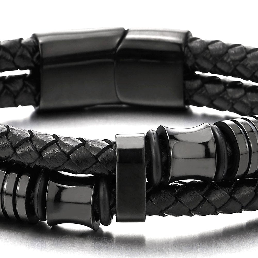 Men's Black Braided Leather Bracelet with Stainless Steel Accents Double-Layer Design Durable Biker Punk Style Wristband Modern Minimalist Fashion Jewelry for Men
