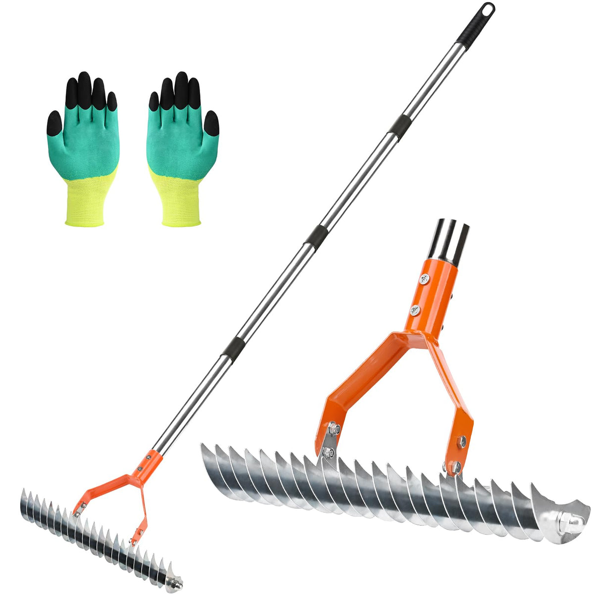 Thatch Rake -15 Inch Dethatcher Rake with Adjustable Handle, Efficient Steel Metal Rakes with Handle,Heavy Duty Thatching Rakes for Lawn,Garden, Yard