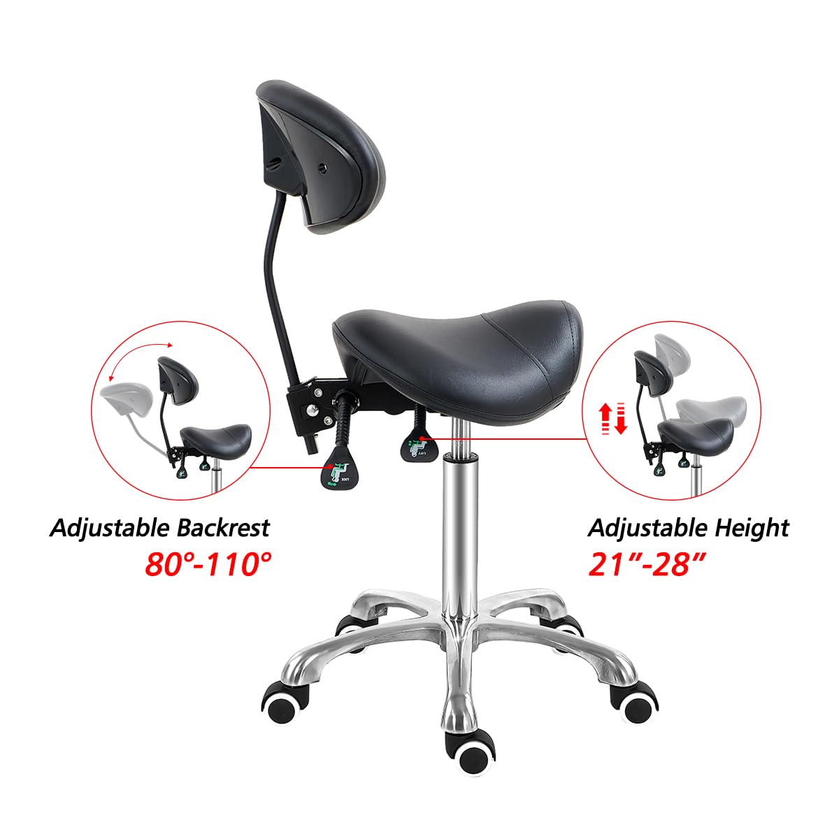 Antlu Saddle Stool Chair with Back Support, Ergonomic Esthetician Stool Chair for Salon Tattoo Spa Medical Dentist Clinic (with Backrest, Black)