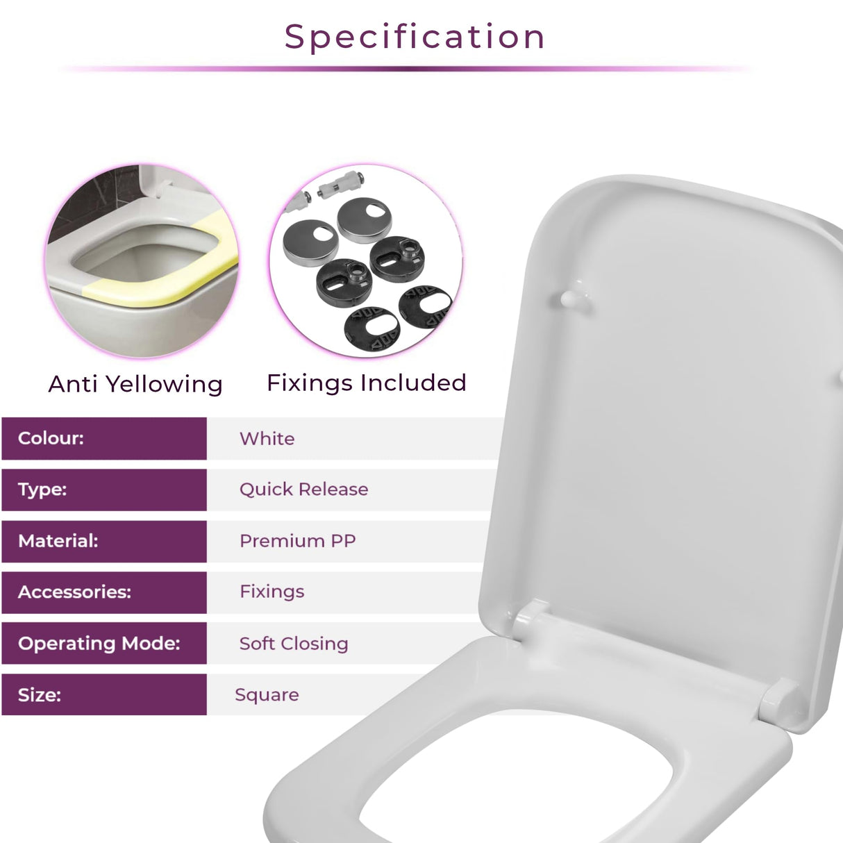 Go Bathrooms White Square Soft Close Quick Release Heavy Duty Toilet Seat
