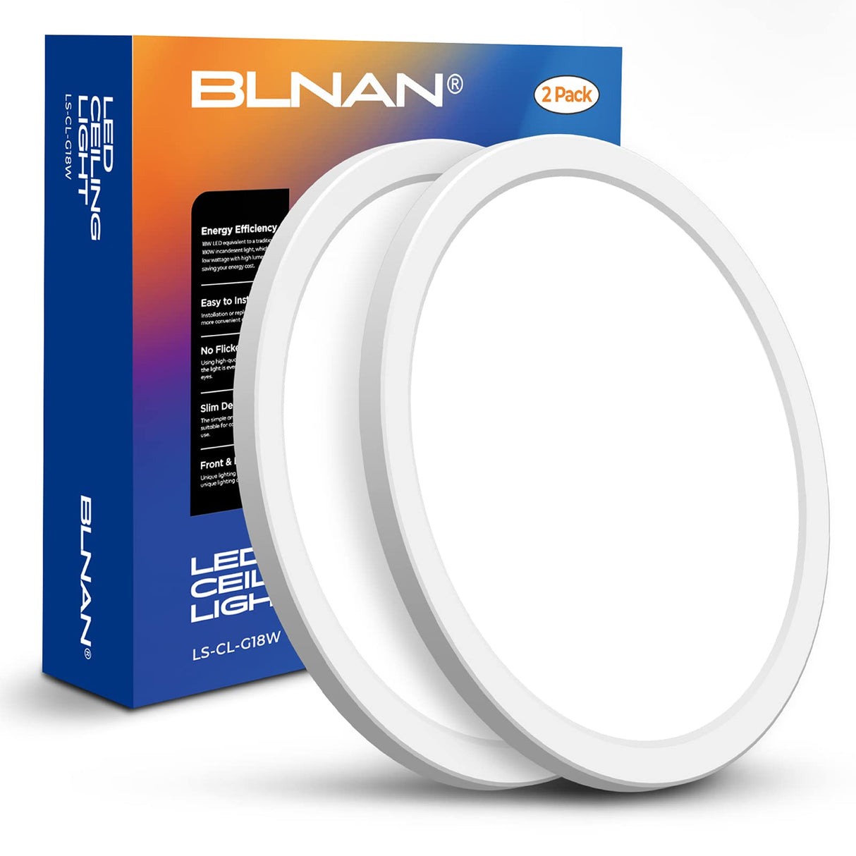 BLNAN LED Flush Mount Ceiling Light, 9 Inch 18W 3000K/4000K/5000K Hardwire Light Fixture, Ultra Thin Round White Lamp for Kitchen Porch Bedroom Hallway Stairwell Basement, Non-dimmable 2 Pack