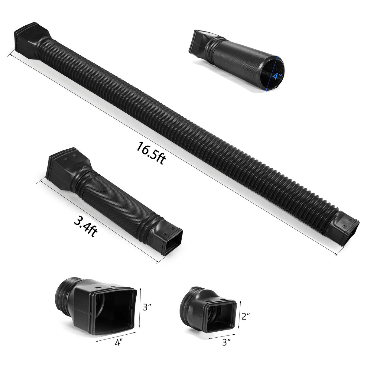plusgutter 16.5ft Long Gutter Downspout Extensions Flexible, 4" Diameter Drain Downspout Extender, Down Spout Drain Extender for Rainwater Drainage, Extendable from 3.4ft to 16.5ft(1Pack Black)