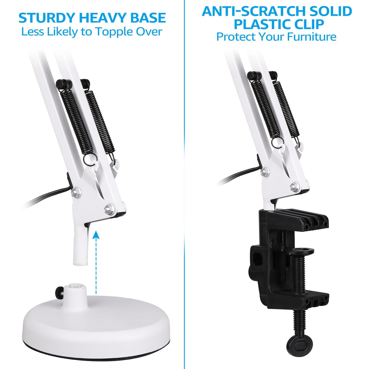 TORCHSTAR Metal Desk Lamp with Clamp, Swing Arm, Architect Adjustable Gooseneck Table Lamp, Clip Desk Lights for Home Office, Work, Study, Reading, E26 Base, Multi-Joint, White