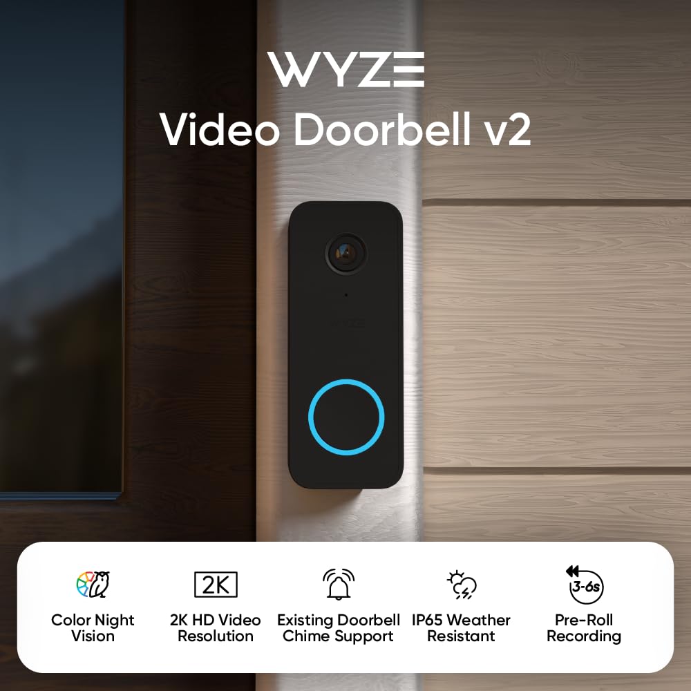 Wyze Video Doorbell v2, Wired, 2K Video, Two-Way Audio, Color Night Vision, Compatible with Alexa & Google Assistant, Black (Renewed)